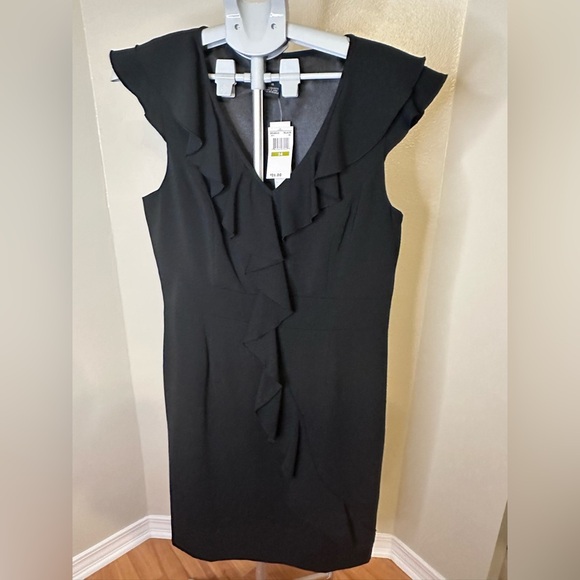 Spense Black Ruffled Sheath Midi Dress - Picture 1 of 5